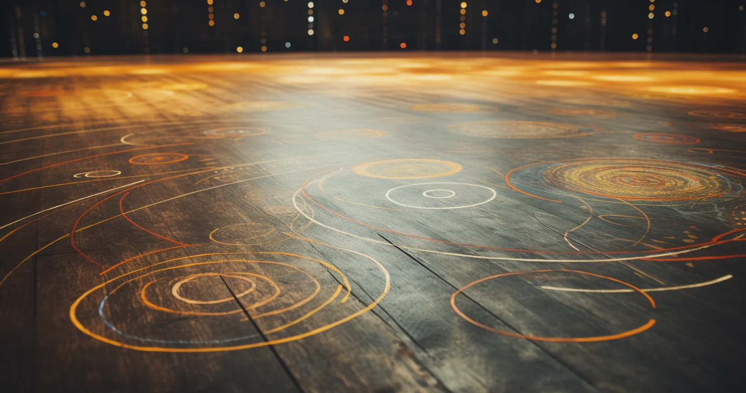 Artwork of a wooden dance floor covered with chalk circles, spirals, axes and pathways