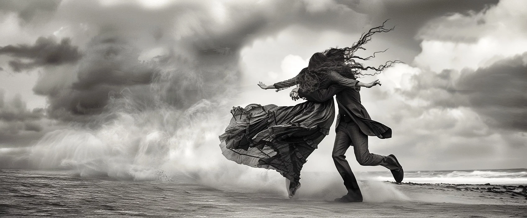 Artwork of a tango couple moving through wind and ocean waves