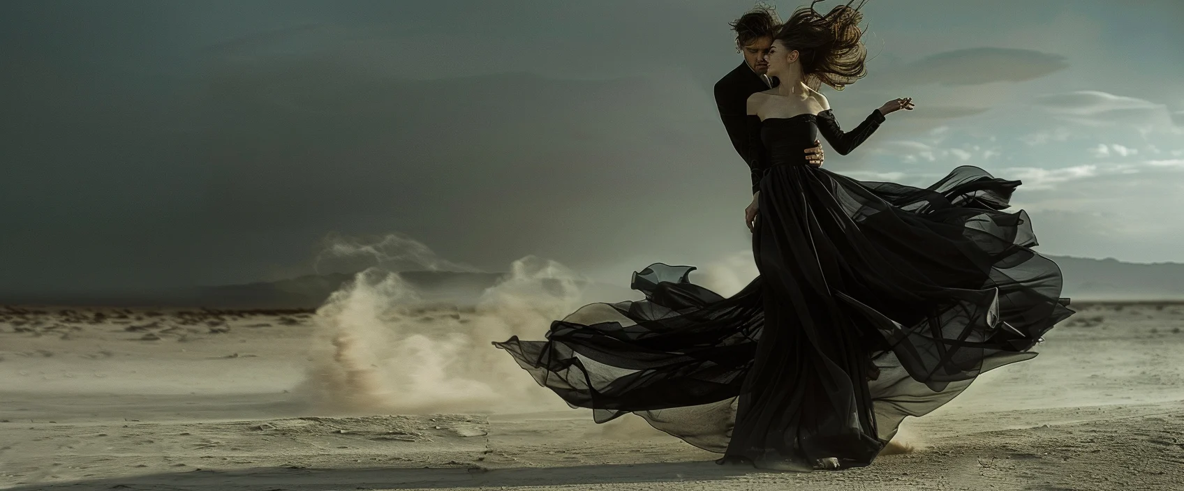 Artwork of a tango couple whose movement evokes wind in a desert landscape