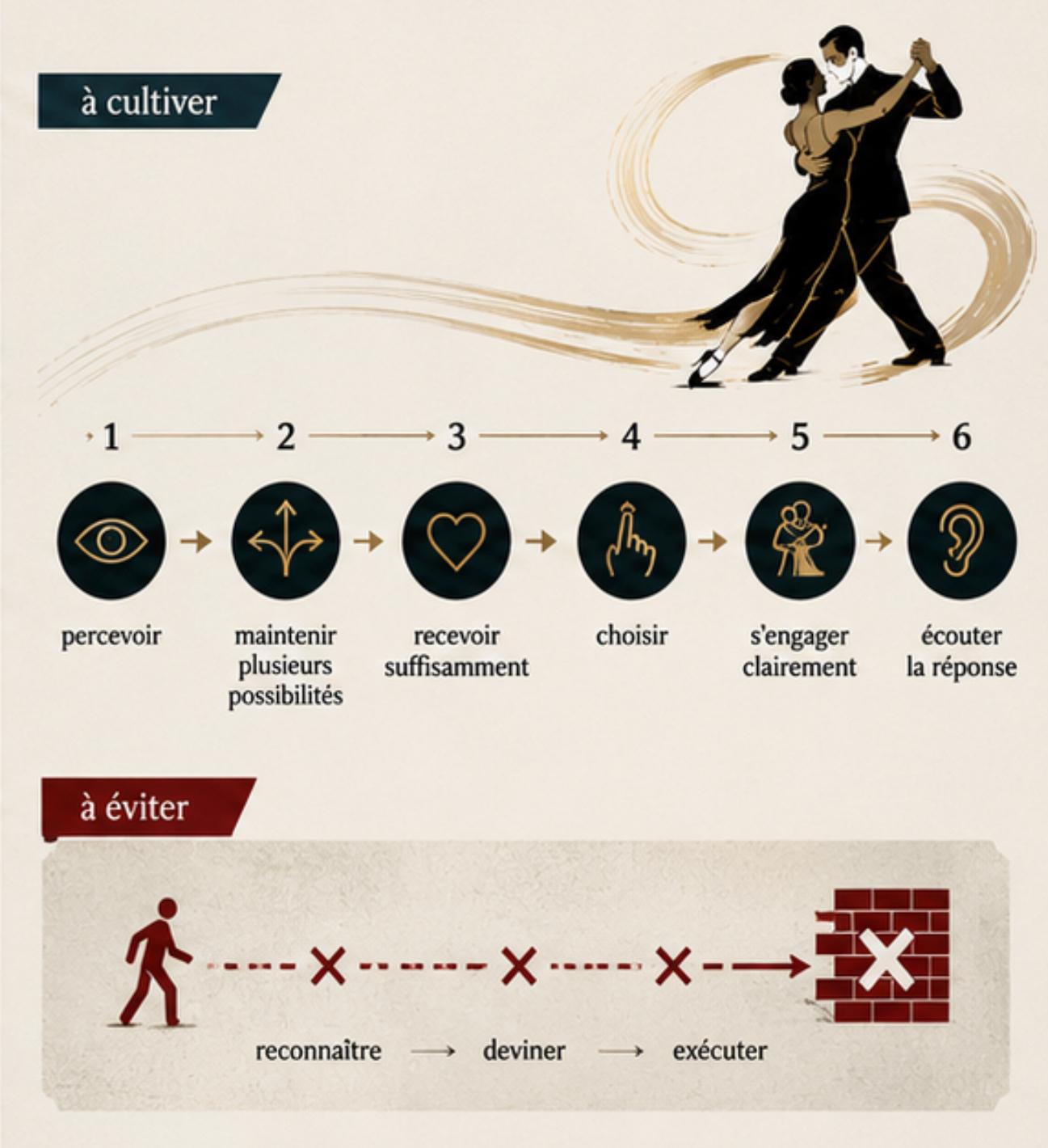Schéma de tango : percevoir, maintenir plusieurs possibilités, recevoir suffisamment, choisir, s’engager clairement puis écouter la réponse, plutôt que reconnaître, deviner et exécuter.