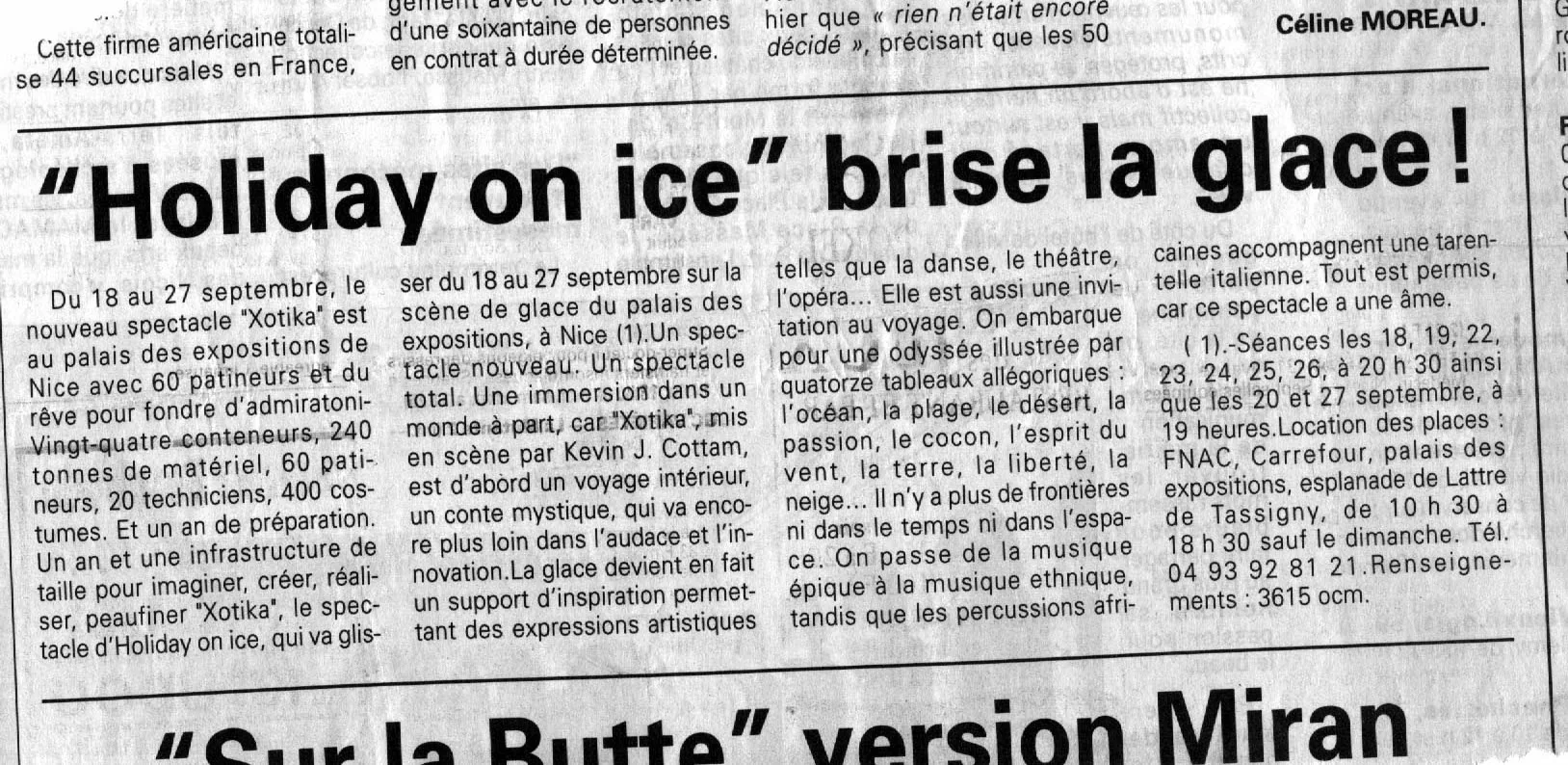 Newspaper clipping announcing the Holiday on Ice production Xotika in Nice from 18 to 27 September